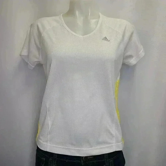 Adidas Climalite White Tee Top Yellow Three Stripe Logo Activewear Medium - Picture 14 of 14